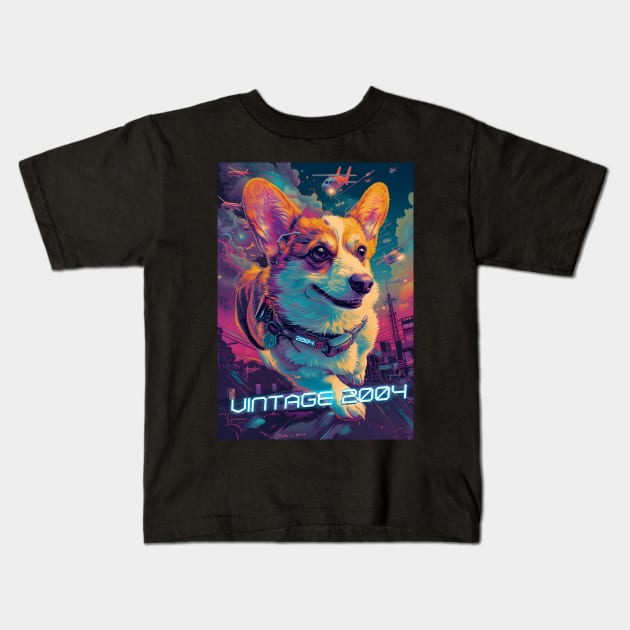 Vintage 2004 - 20 Year Old Funny Cyberpunk Corgi Dog 20th Birthday Kids T-Shirt by Ai Wanderer